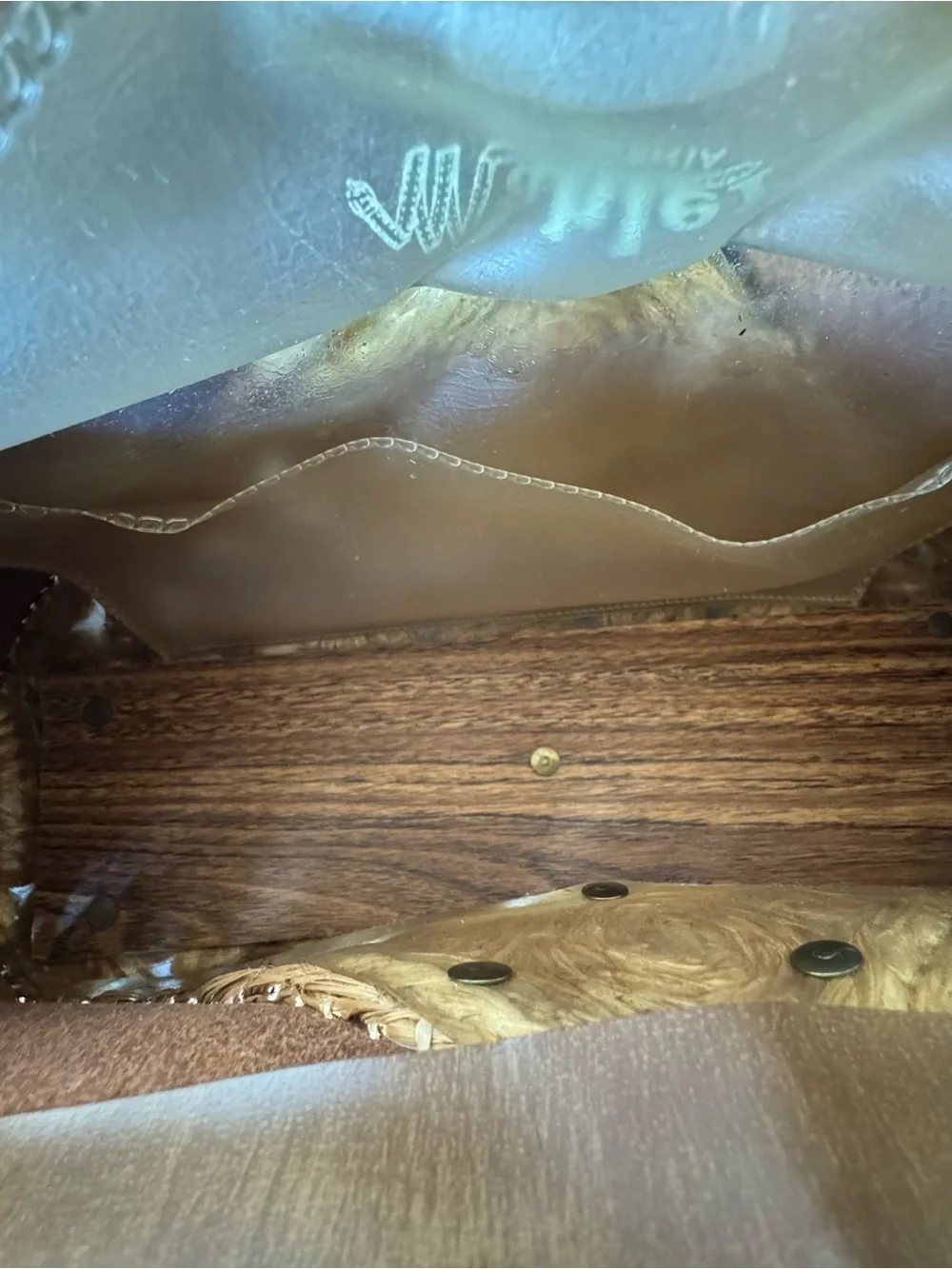 Vintage Rare Mahler California Brown Leather Wood Floral Handbag